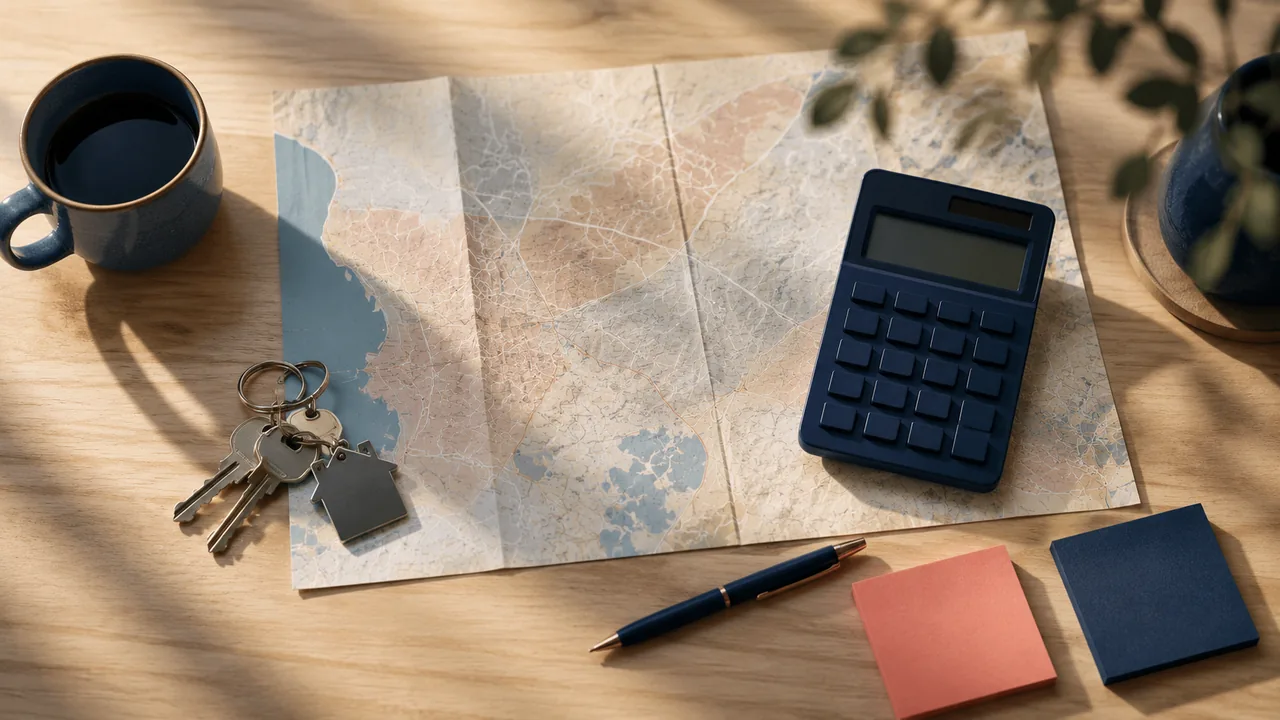 Wooden desk flat-lay with an open paper map, a calculator, keys, a pen, and sticky notes