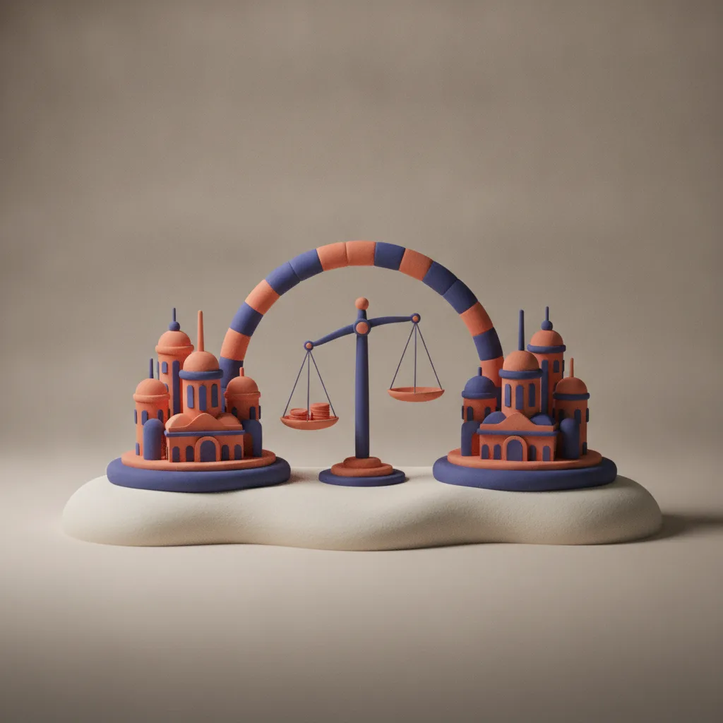 Two clay city skylines connected by an arc with a balance scale and coins between them — comparing cost of living between two cities