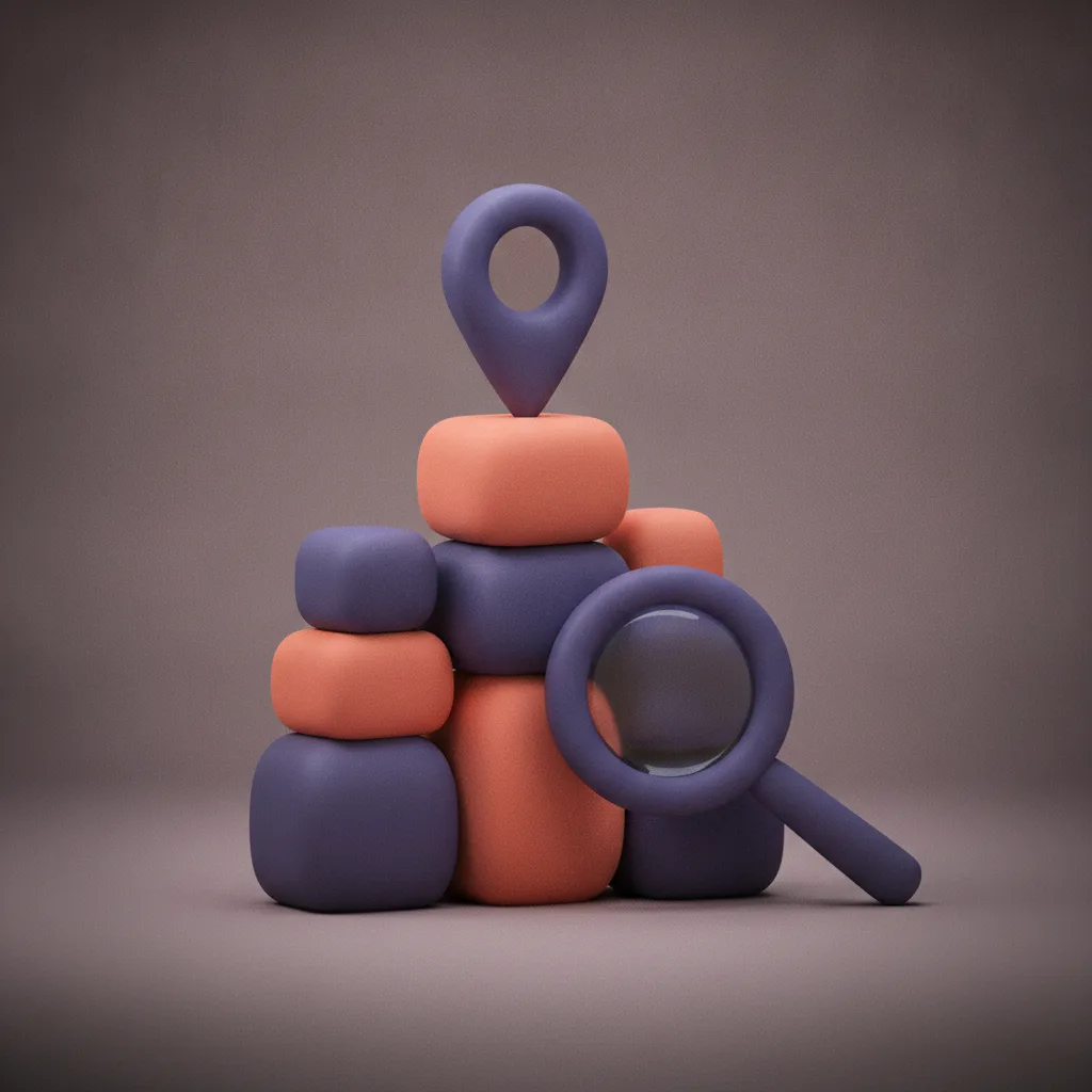 Clay stack of city blocks with a map pin and a magnifying glass