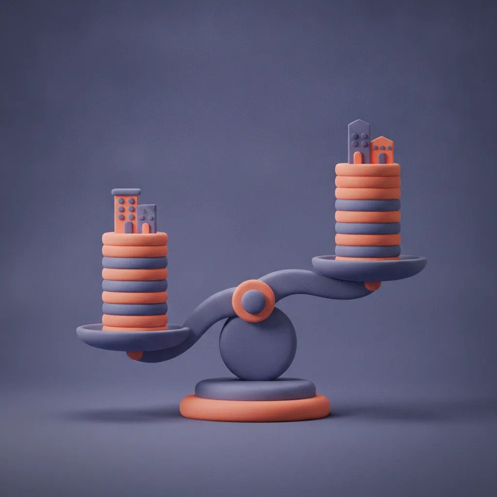 Clay balance scale weighing two coin stacks topped with city buildings