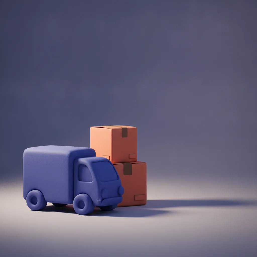 Clay moving truck beside a stack of cardboard boxes